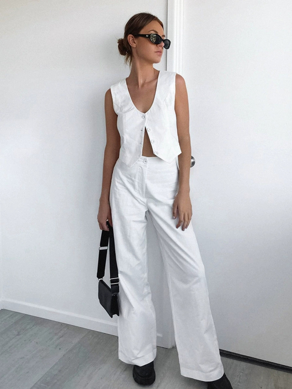 Forever 21 Casual White Linen Vest Straight Leg Pants 2-Piece Set Spring Design